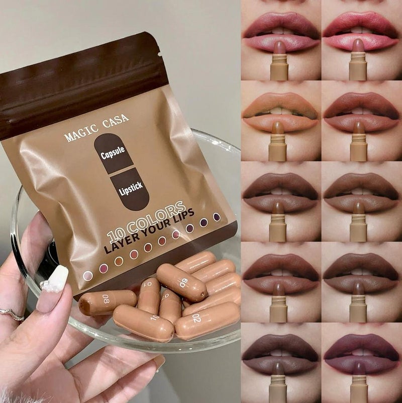 MAGIC CASA 10-Color Capsule Lipstick Set: Natural, Long-Lasting, Transfer-Free, Mini Matte Lipstick